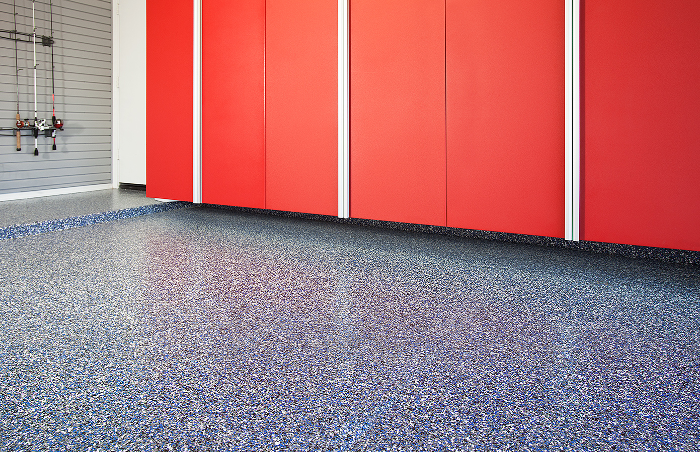 Blue Ice Floor with Red Cabinets